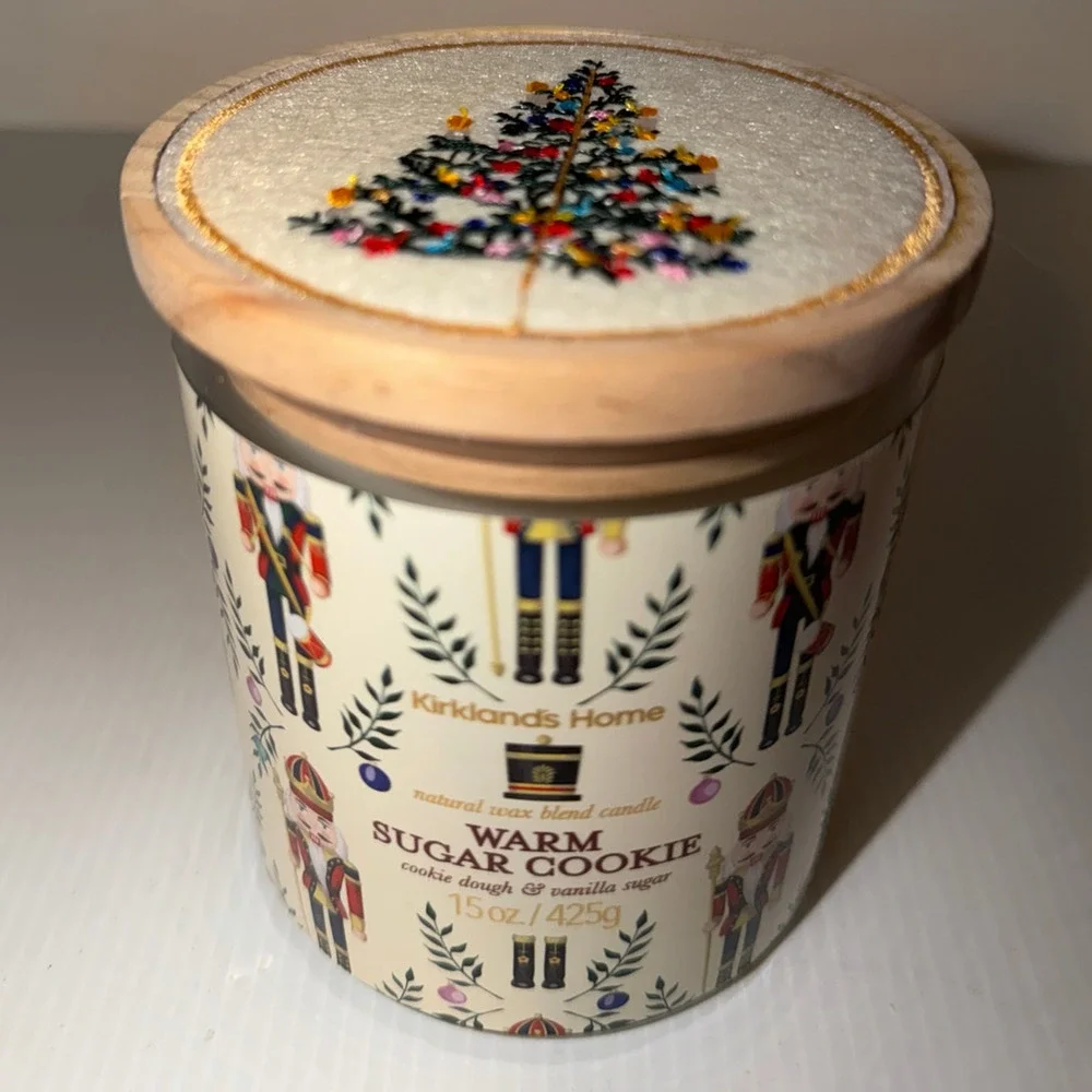 Kirkland’s Home Cookie Candle Warm Sugar 15 oz Nutcracker Jar w/ Embroidered Lid